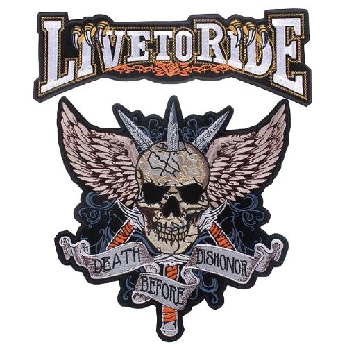 Patch biker dorsal Live to Ride brodé 3D crâne ailes à coudre sur veste ou sac