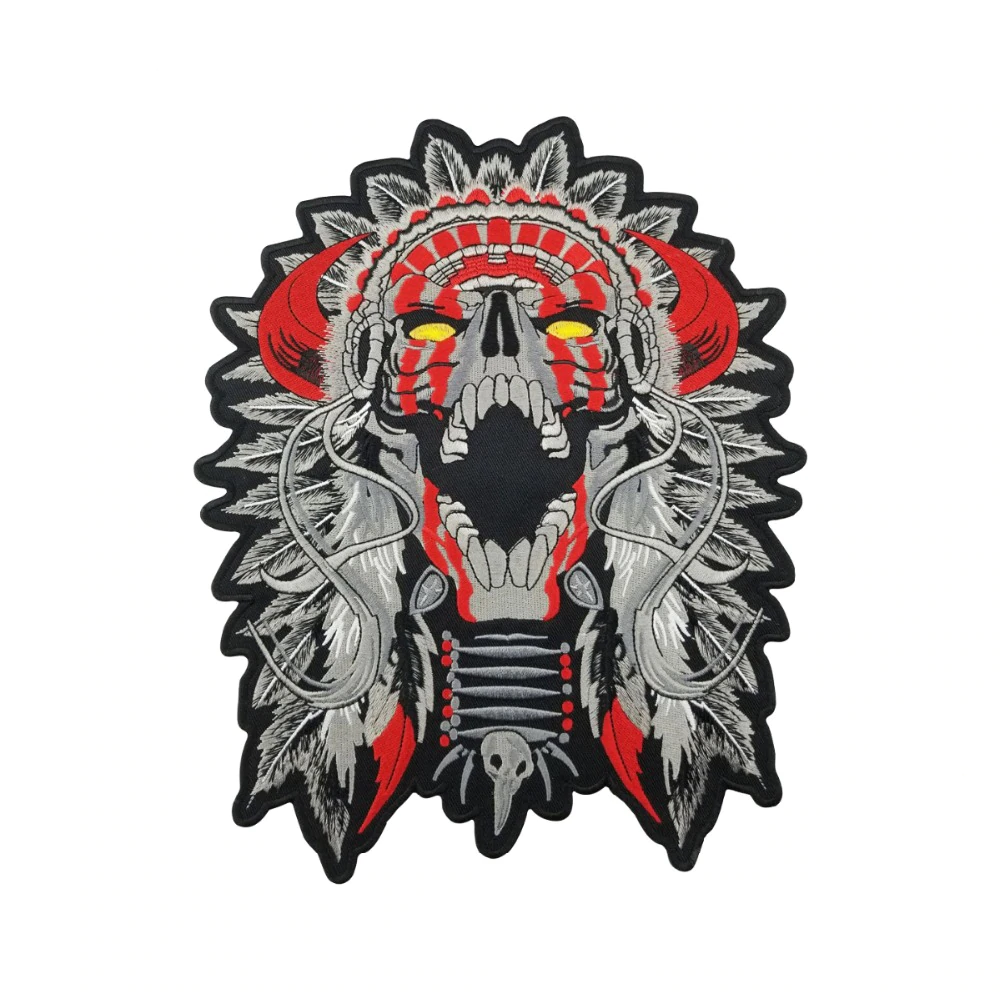 Patch biker indien avec tête de mort brodée en 3D à coudre sur veste ou sac