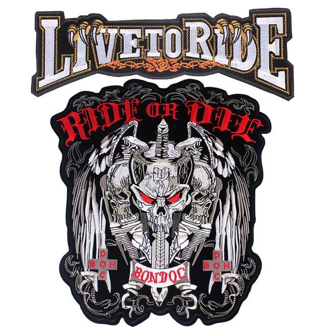 Patch biker brodé 3D Ride or Die à coudre sur veste ou sac, visuel crâne ailé et épée, style motard