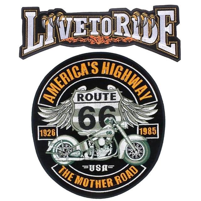 Patch biker Route 66 brodé en 3D avec moto custom et ailes, design vintage pour veste ou blouson moto