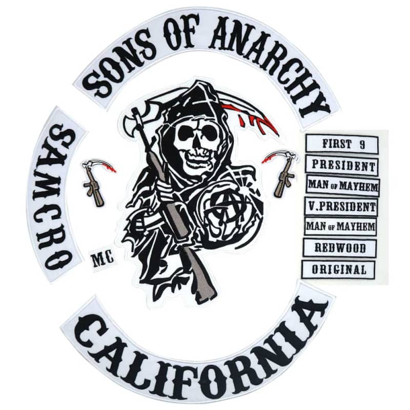 Patchs brodés Sons of Anarchy SAMCRO Faucheuse, blason biker authentique noir et rouge.