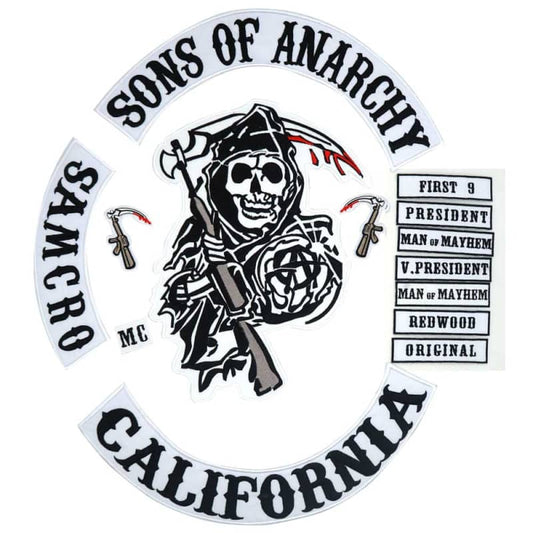 Patchs brodés Sons of Anarchy SAMCRO Faucheuse, blason biker authentique noir et rouge.