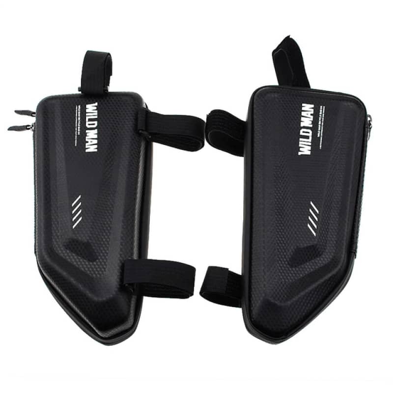 Sacoches latérales rigides WILD MAN noires pour moto, étanches, coque aspect carbone.