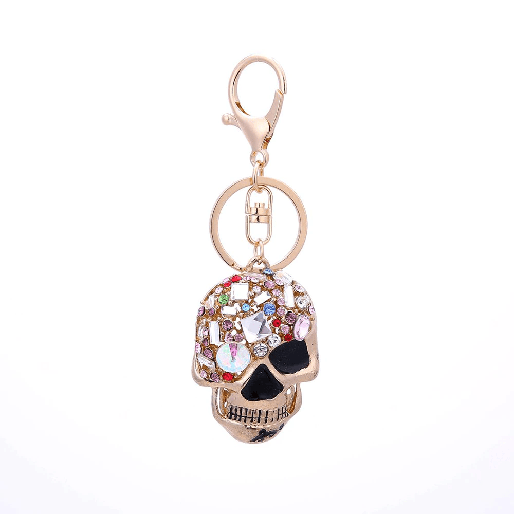 Porte-clé moto tête de mort mexicaine avec strass colorés en acier inoxydable, style biker gothique