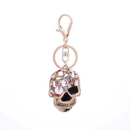 Porte-clé moto tête de mort mexicaine avec strass colorés en acier inoxydable, style biker gothique