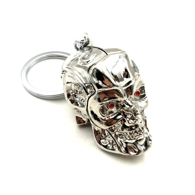 Porte-clé tête de mort argent en acier inox pour motard style biker