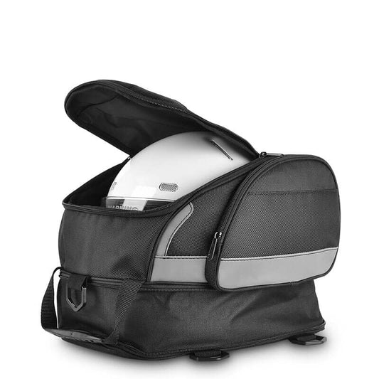 Sacoche réservoir MotoPack noire convertible sac à dos, transport casque, écran tactile.