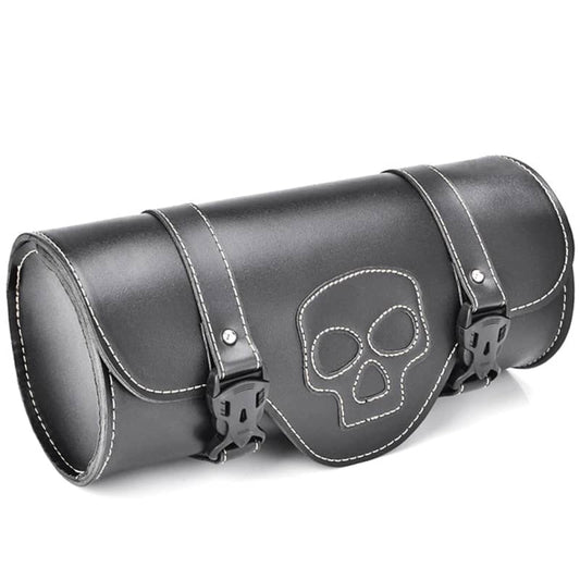 Sacoche de fourche moto en cuir noir avec motif tête de mort stylisée et coutures blanches