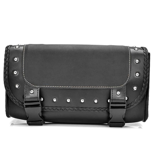 Sacoche de fourche moto custom noire en cuir PU avec clous métalliques décoratifs