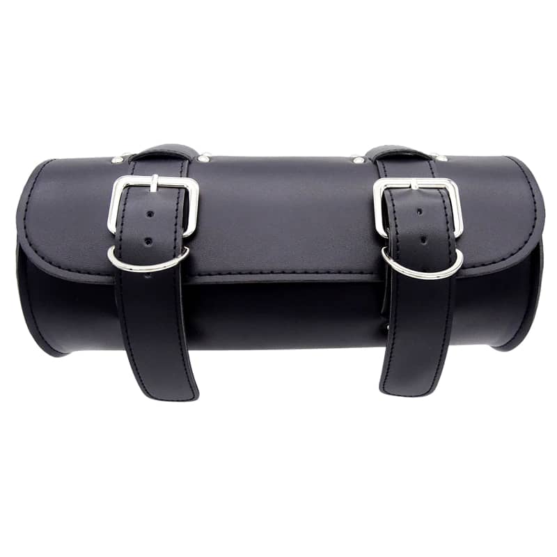 Sacoche moto rigide noire en simili cuir avec boucles chromées pour fixation sur moto