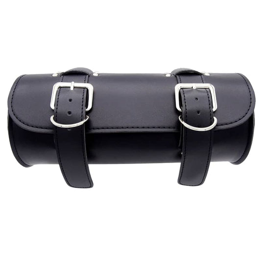Sacoche moto rigide noire en simili cuir avec boucles chromées pour fixation sur moto