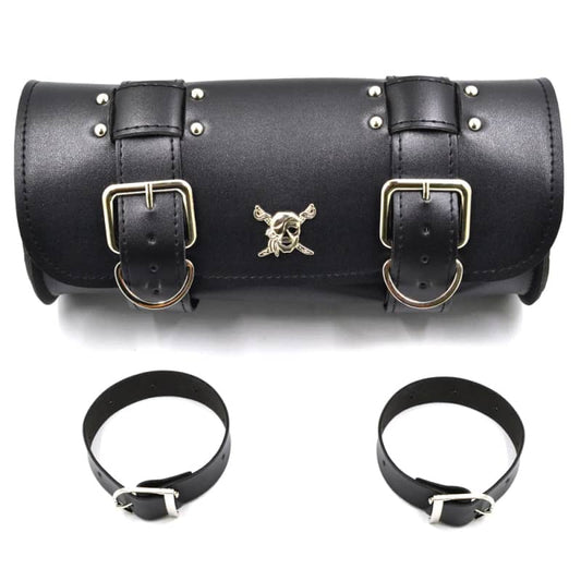 Sacoche de selle moto en cuir PU noir avec tête de mort chromée et sangles de fixation