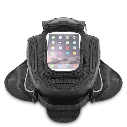 Sacoche de réservoir moto noire avec poche tactile pour tablette, étanche et fixations magnétiques