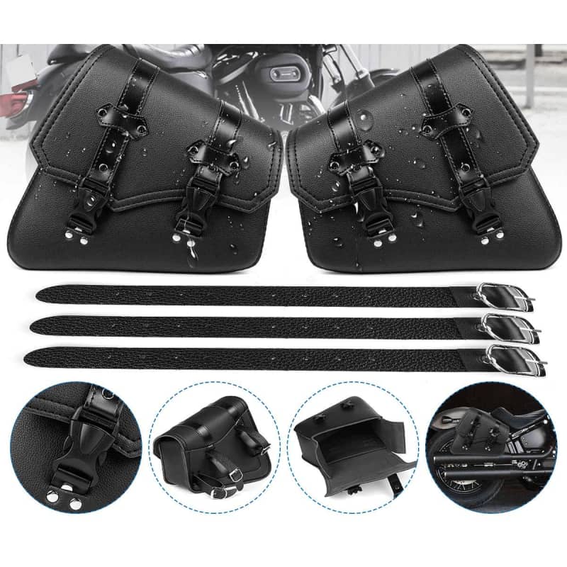 Sacoches cavalières moto en cuir noir vintage avec boucles, look classique et étanche pour custom