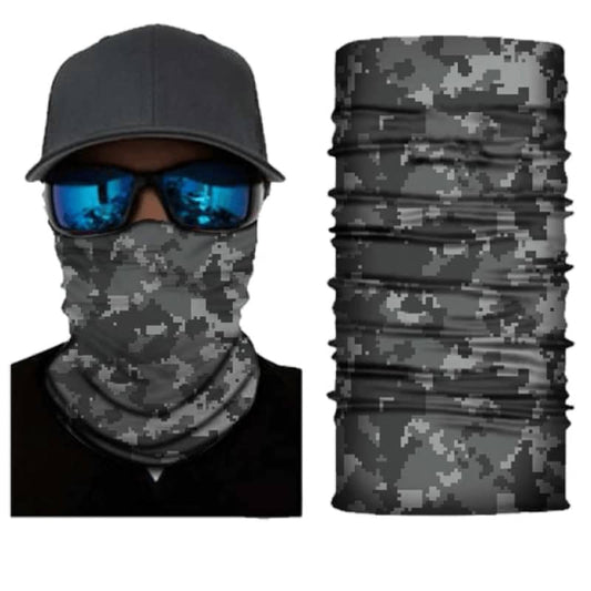 Tour de cou moto camouflage gris, protection contre le vent et la poussière, tissu respirant et confortable pour longues balades.