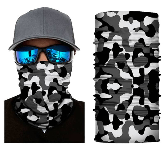 Tour de cou moto camouflage noir et blanc, léger et respirant, protection efficace contre le vent, la poussière et les intempéries, idéal pour motards urbains et aventuriers.