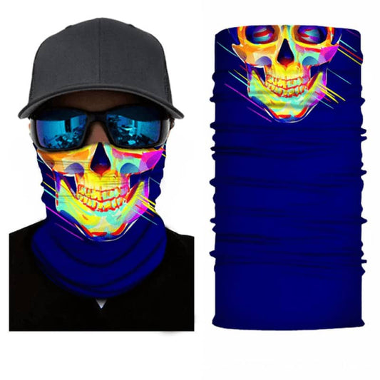 Tour de cou moto homme bleu motif tête de mort néon multicolore, tissu respirant et léger, protection efficace contre le vent, la poussière et le froid, style urbain et audacieux.