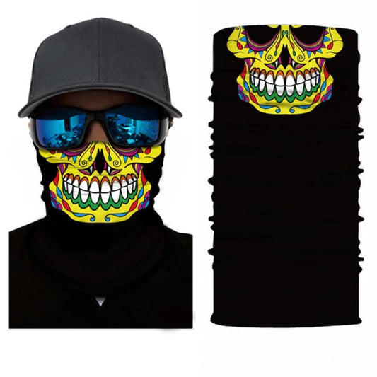 Tour de cou moto noir motif skull jaune style calavera mexicaine, tissu respirant et léger, protection efficace contre le vent et la poussière, look audacieux et coloré.