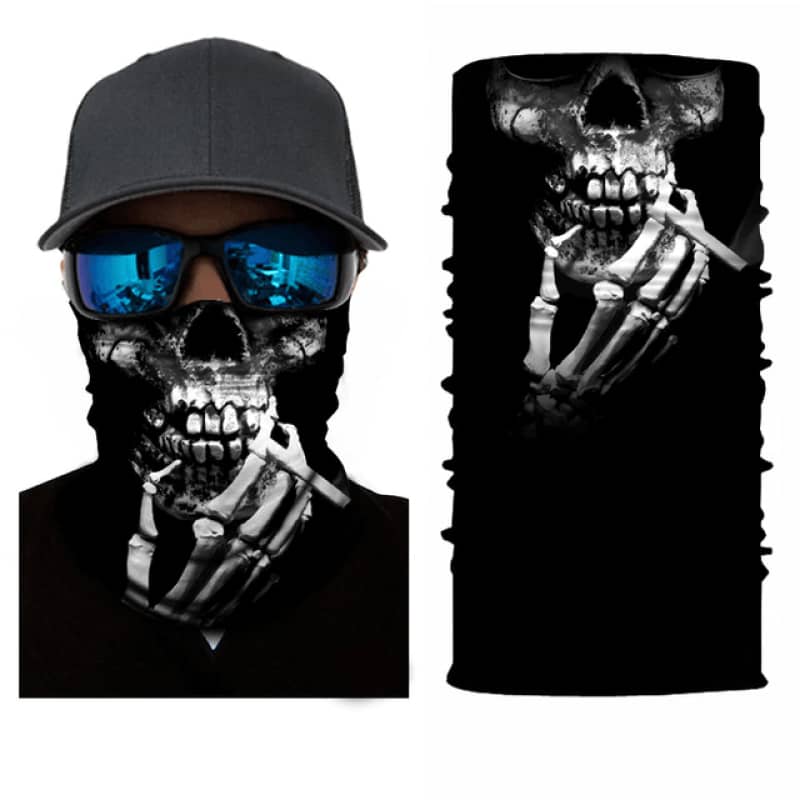 Tour de cou moto motif squelette fumeur noir et blanc, tissu léger et respirant, protection efficace contre le vent, la poussière et le froid, style audacieux et original.