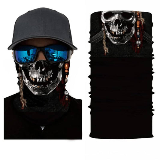 Tour de cou moto motif tête de mort orné de perles et tresses style pirate, tissu respirant et léger, protection efficace contre le vent, la poussière et le froid, look audacieux et rebelle.