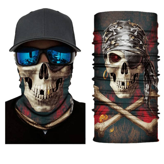 Tour de cou moto motif tête de mort pirate, tissu léger et respirant, protection efficace contre le vent et la poussière, style rebelle et audacieux.