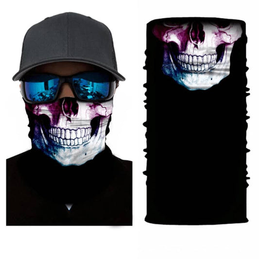 Tour de cou moto motif tête de mort réaliste, tissu respirant et extensible, protection efficace contre le vent, la poussière et le froid, style rebelle et urbain pour motards.