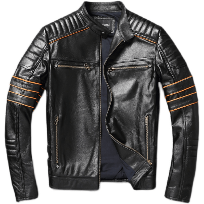 Blouson biker homme en cuir, broderie Tête de Mort Croix de Malte, bandes orange vif.