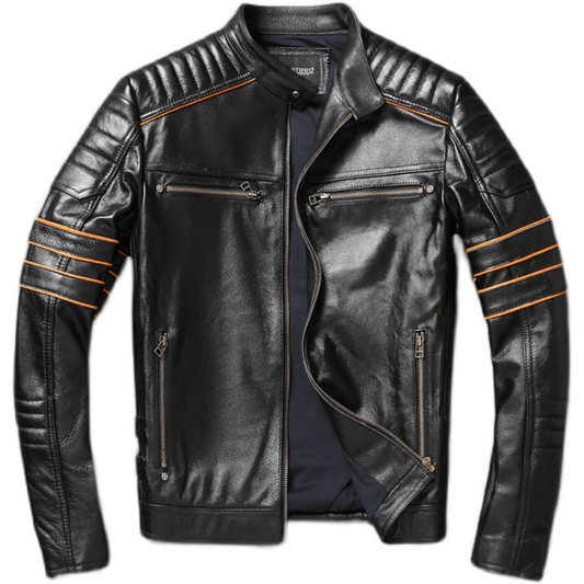 Blouson biker homme en cuir, broderie Tête de Mort Croix de Malte, bandes orange vif.