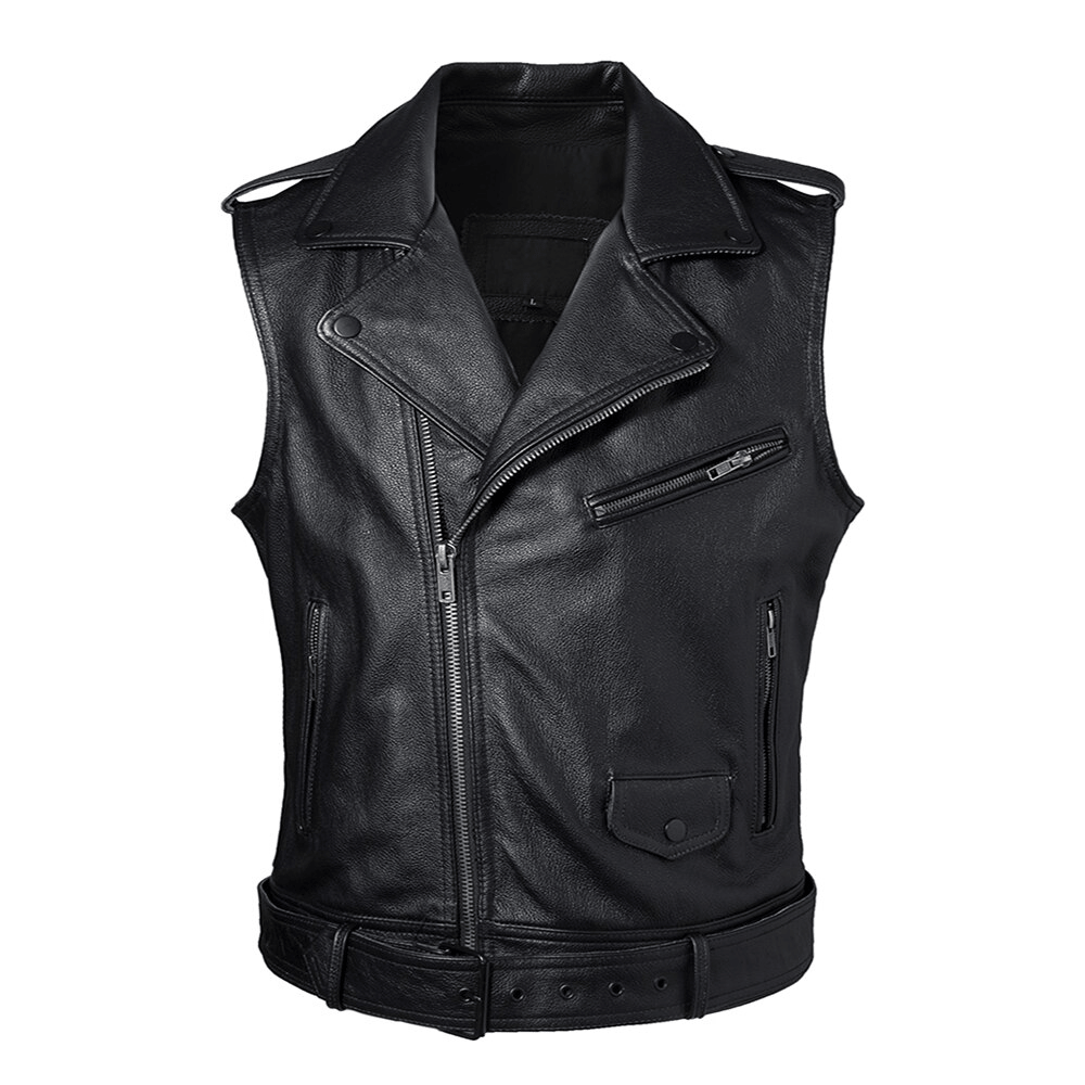 Veste en cuir sans manche pour homme biker avec motifs brodés, cuir de vachette semi-épais et poches zippées de sécurité