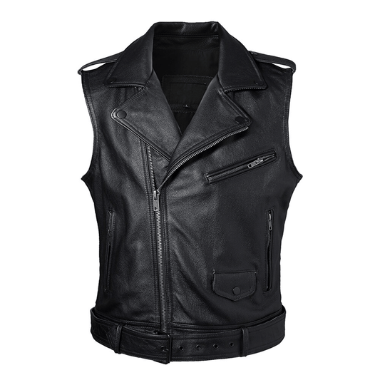 Veste en cuir sans manche pour homme biker avec motifs brodés, cuir de vachette semi-épais et poches zippées de sécurité