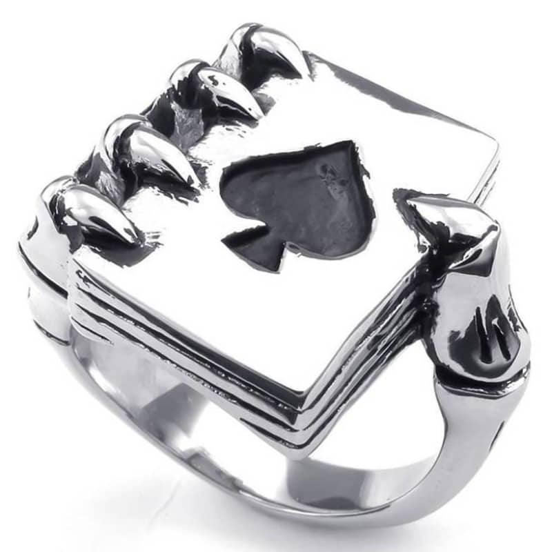Bague biker homme style cartes à jouer avec griffe et as de pique
