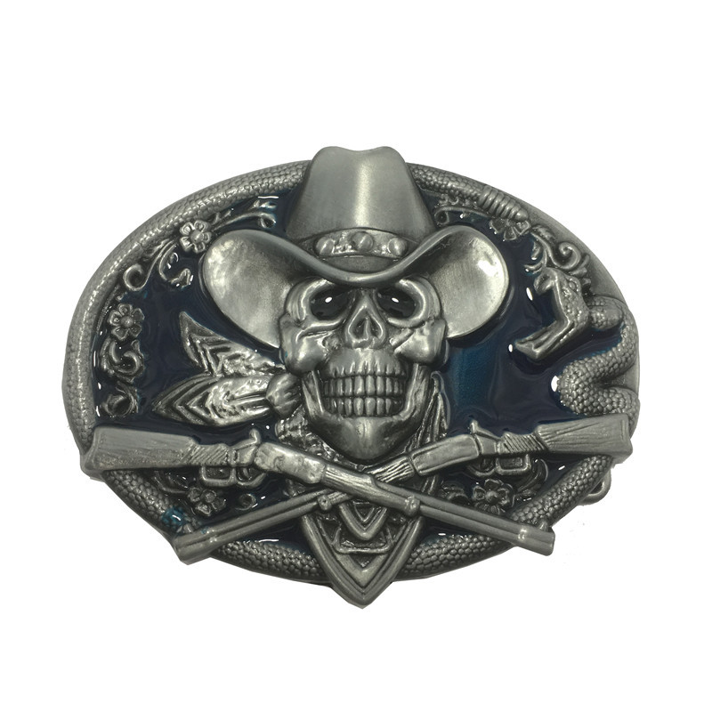 Boucle de ceinture western avec tête de mort cowboy, fusils et serpent en alliage de zinc