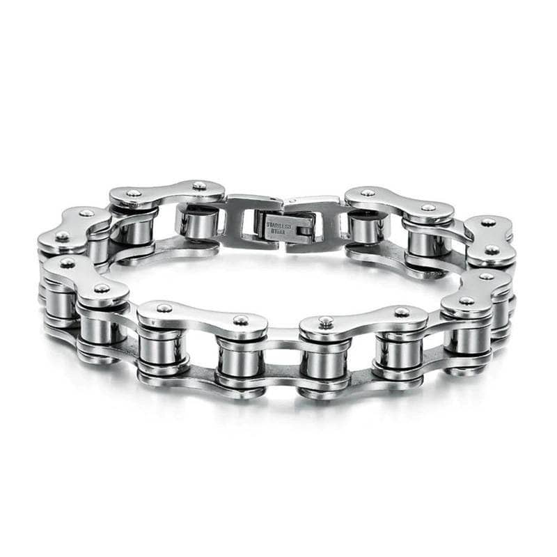Bracelet chaîne de moto acier inoxydable 316L, réplique argentée brillante, style biker.