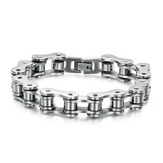 Bracelet chaîne de moto acier inoxydable 316L, réplique argentée brillante, style biker.