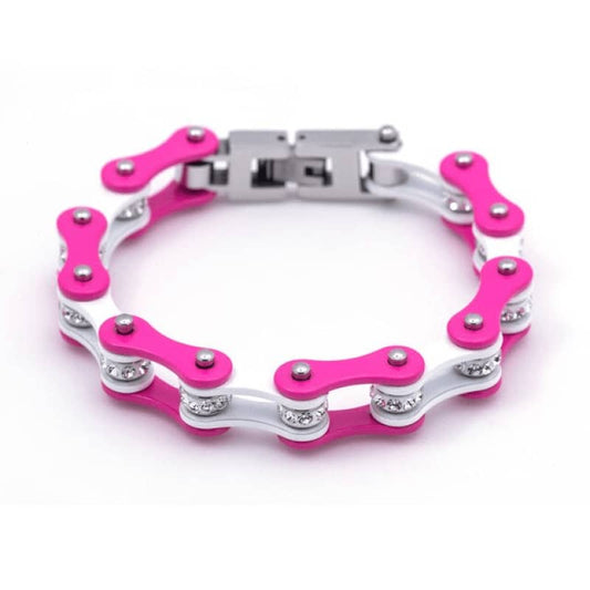 Bracelet chaîne moto pour femme couleur rose et noir avec strass brillants en acier inoxydable 316L