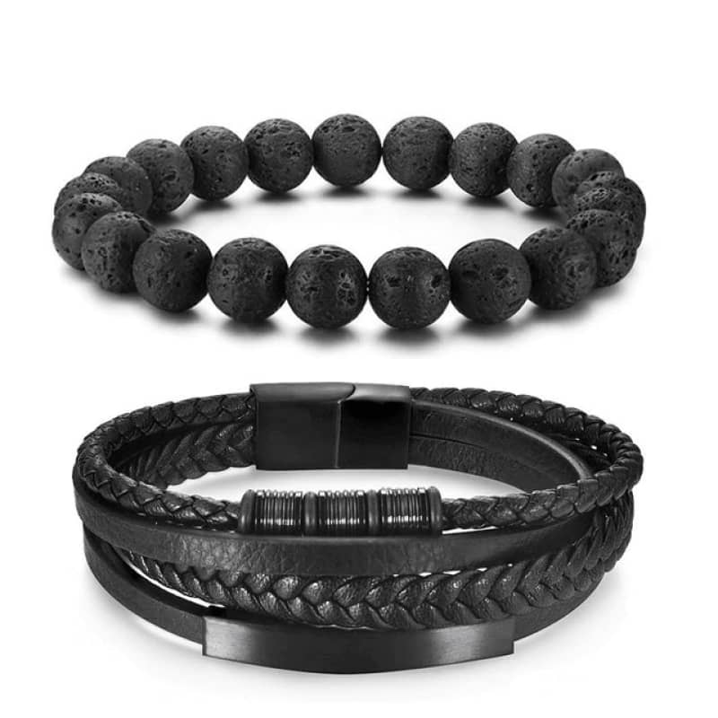 Bracelet motard en cuir noir avec acier inoxydable et perles de lave naturelle pour homme au style biker