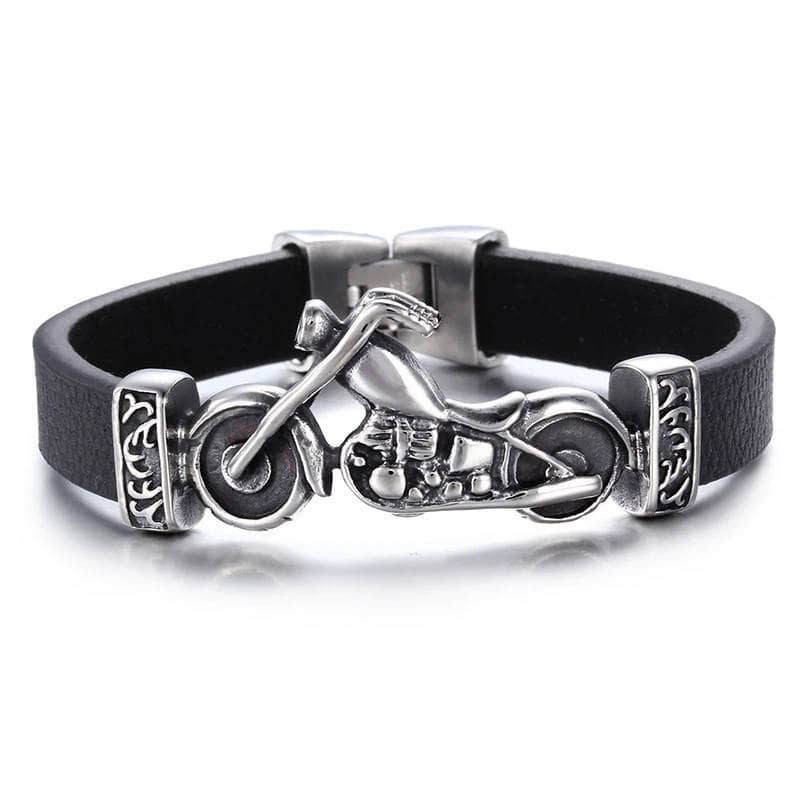 Bracelet biker en cuir d'agneau noir, moto chopper acier inoxydable 316L argenté vieilli.