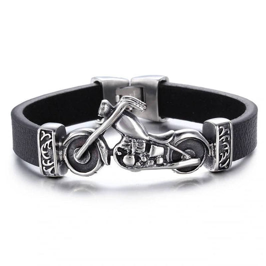 Bracelet biker en cuir d'agneau noir, moto chopper acier inoxydable 316L argenté vieilli.