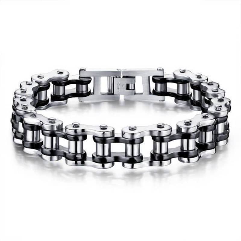 Bracelet biker chaîne de moto, acier inoxydable, maillons larges argentés et noirs, fermoir sécurisé.
