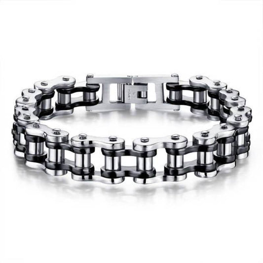 Bracelet biker chaîne de moto, acier inoxydable, maillons larges argentés et noirs, fermoir sécurisé.