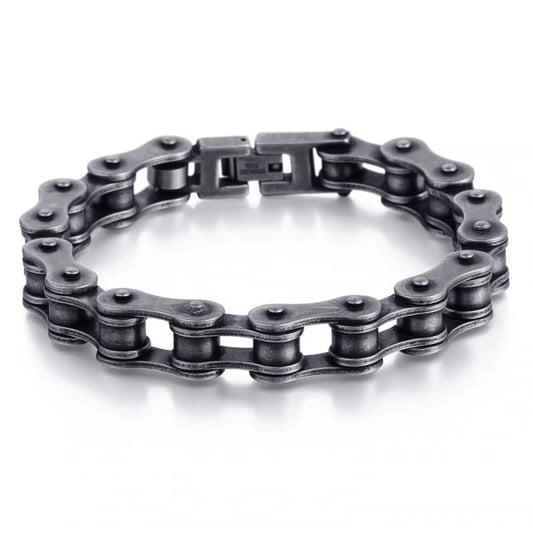 Bracelet biker acier inoxydable chaîne noircie, maillons moto industriels patinés.