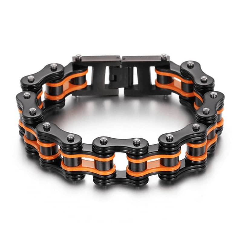 Bracelet chaîne moto orange et noir pour homme en acier inoxydable style biker robuste et tendance