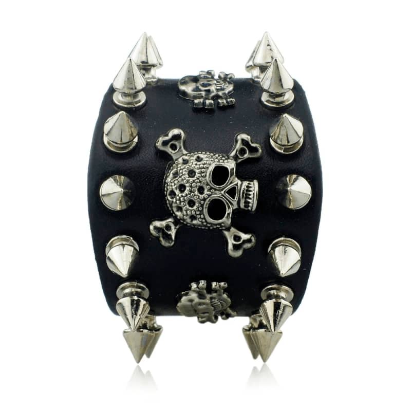 Bracelet clouté en cuir noir avec tête de mort et clous pour style biker et gothique homme femme