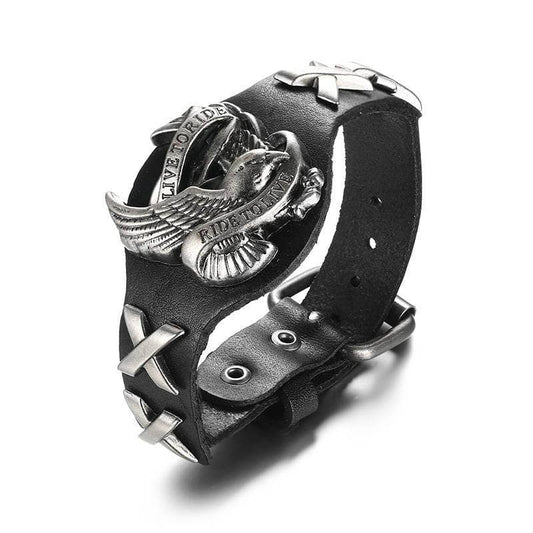 Bracelet biker homme en cuir avec aigle et finitions métal acier inoxydable