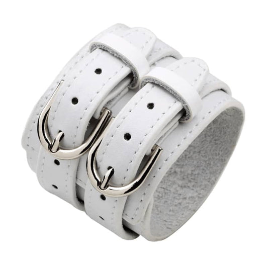 Bracelet en cuir blanc unisexe avec deux boucles en acier inoxydable pour style motard élégant