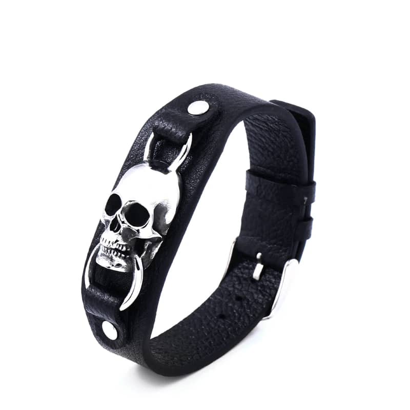 Bracelet gothique en cuir noir avec tête de mort en acier inoxydable pour homme et femme