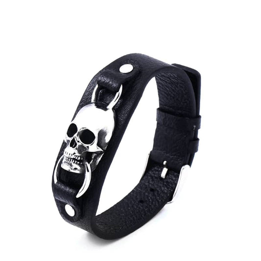 Bracelet gothique en cuir noir avec tête de mort en acier inoxydable pour homme et femme