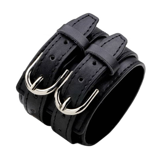 Bracelet en cuir noir pour homme style biker avec double boucle en acier inoxydable