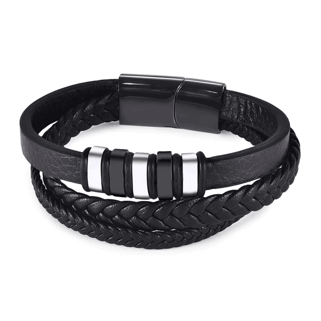Bracelet en cuir noir pour homme style motard avec perles métal argent et noir