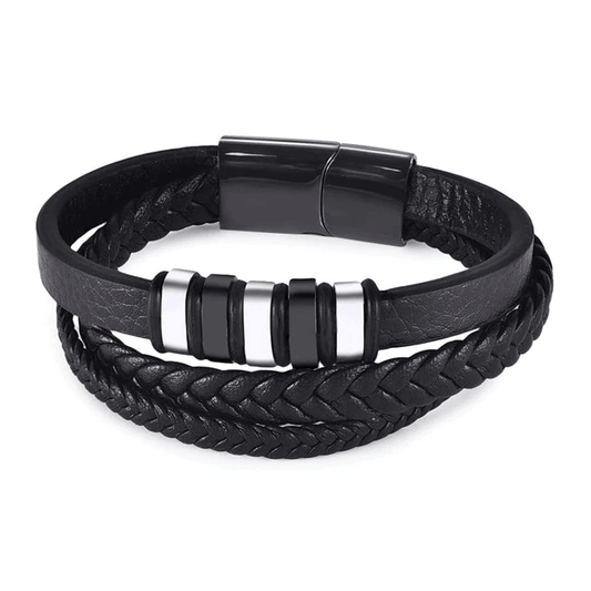 Bracelet en cuir noir pour homme style motard avec perles métal argent et noir